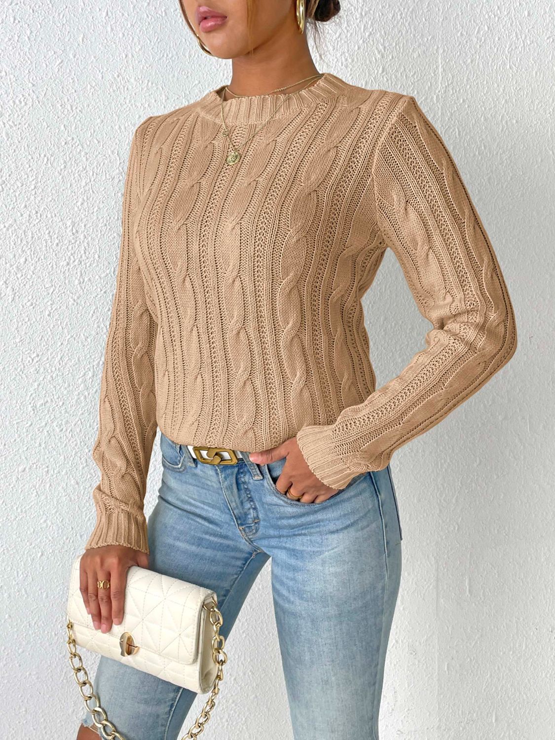 Cable-Knit Round Neck Sweater - Luxe4Everyday Sweater