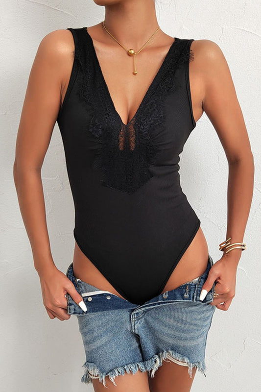 Perfee Spliced Lace Deep V Sleeveless Bodysuit - Luxe4Everyday Black / S Bodysuits