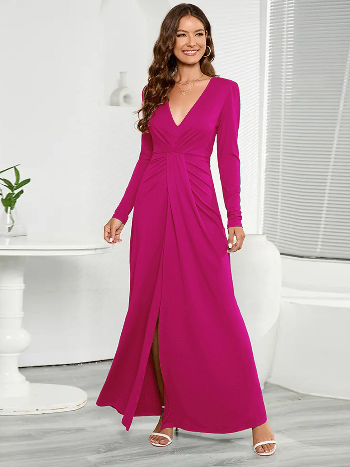 V-Neck Long Sleeve Split Dress - Luxe4Everyday Hot Pink / S Dress