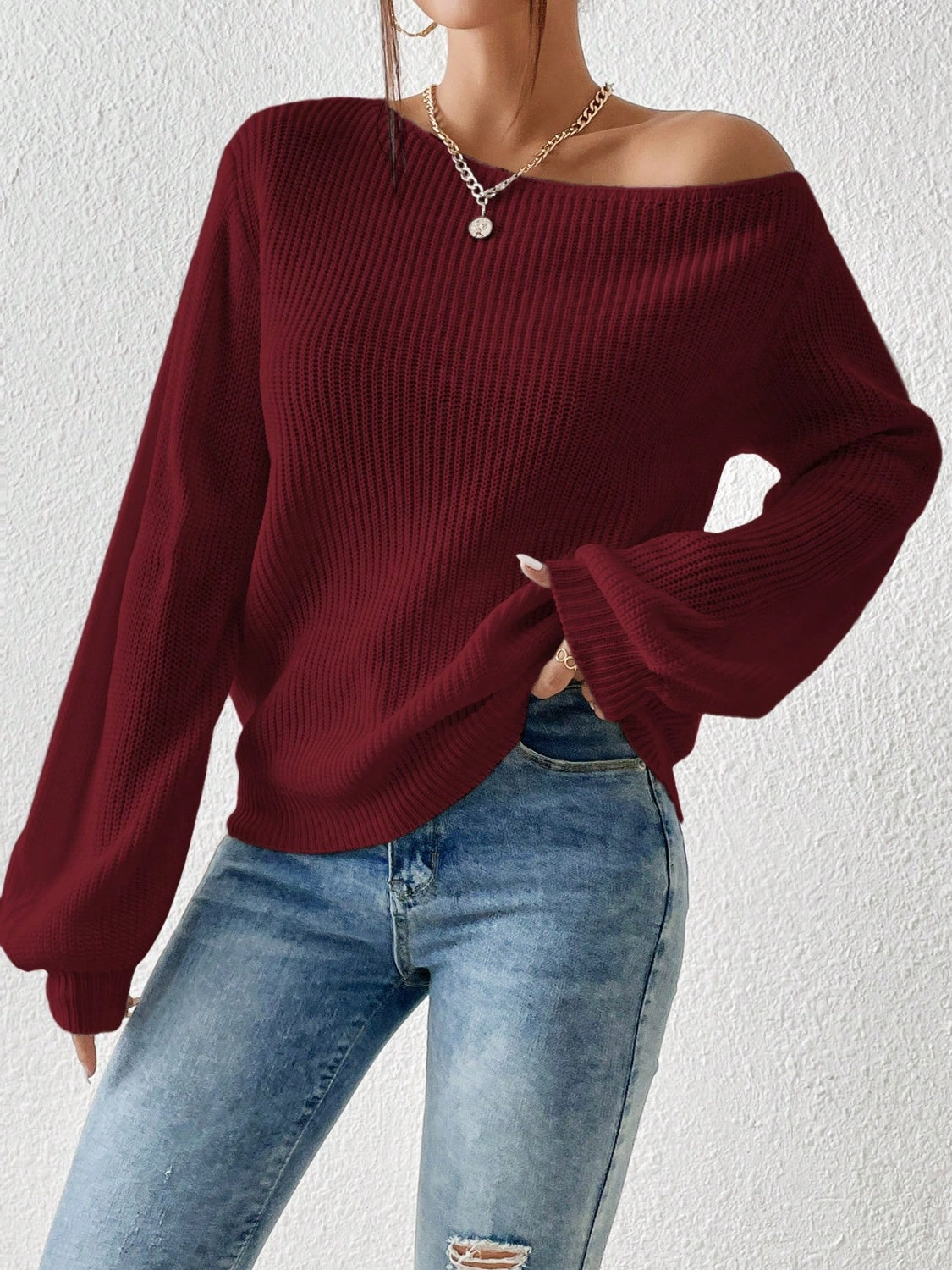 Honey Single Shoulder Long Sleeve Sweater - Luxe4Everyday Burgundy / S Sweater