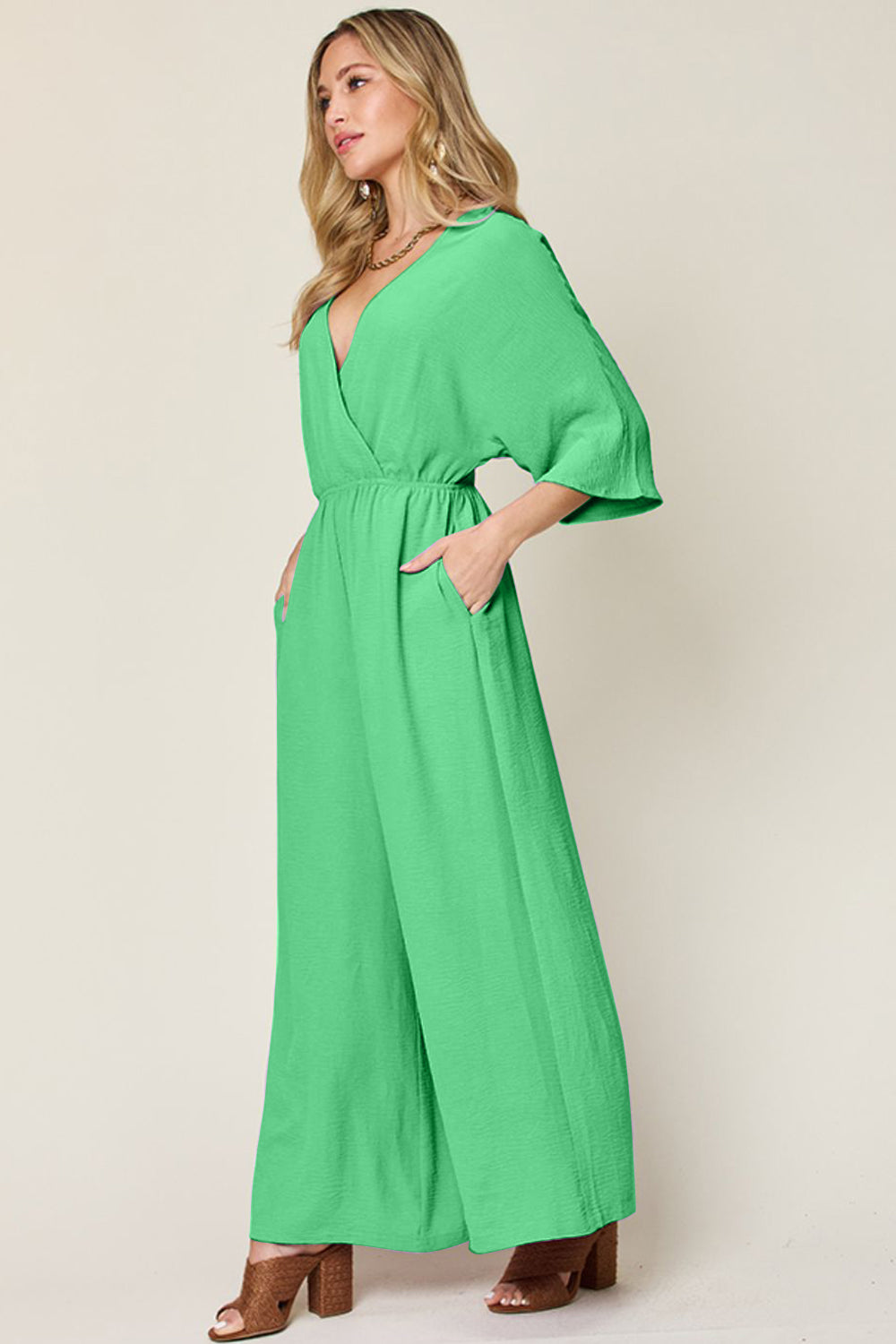 Double Take Full Size Surplice Wide Leg Jumpsuit with Pockets - Luxe4Everyday Mid Green / S Jumpsuit