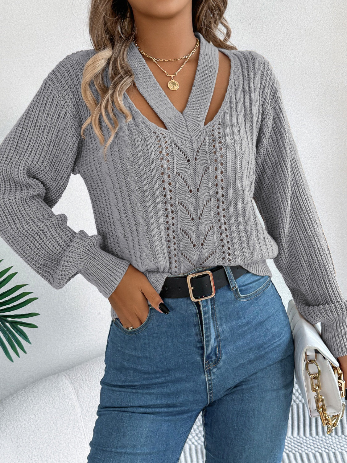 Cutout V-Neck Long Sleeve Sweater - Luxe4Everyday Sweater