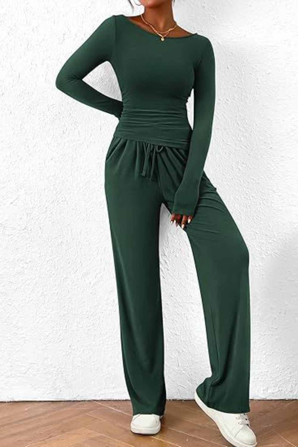 Round Neck Long Sleeve Top and Pants Set - Luxe4Everyday Dark Green / XS two-piece set