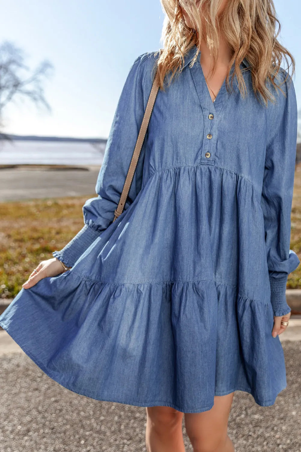 Tiered Johnny Collar Long Sleeve Denim Dress - Luxe4Everyday Medium / S Dress