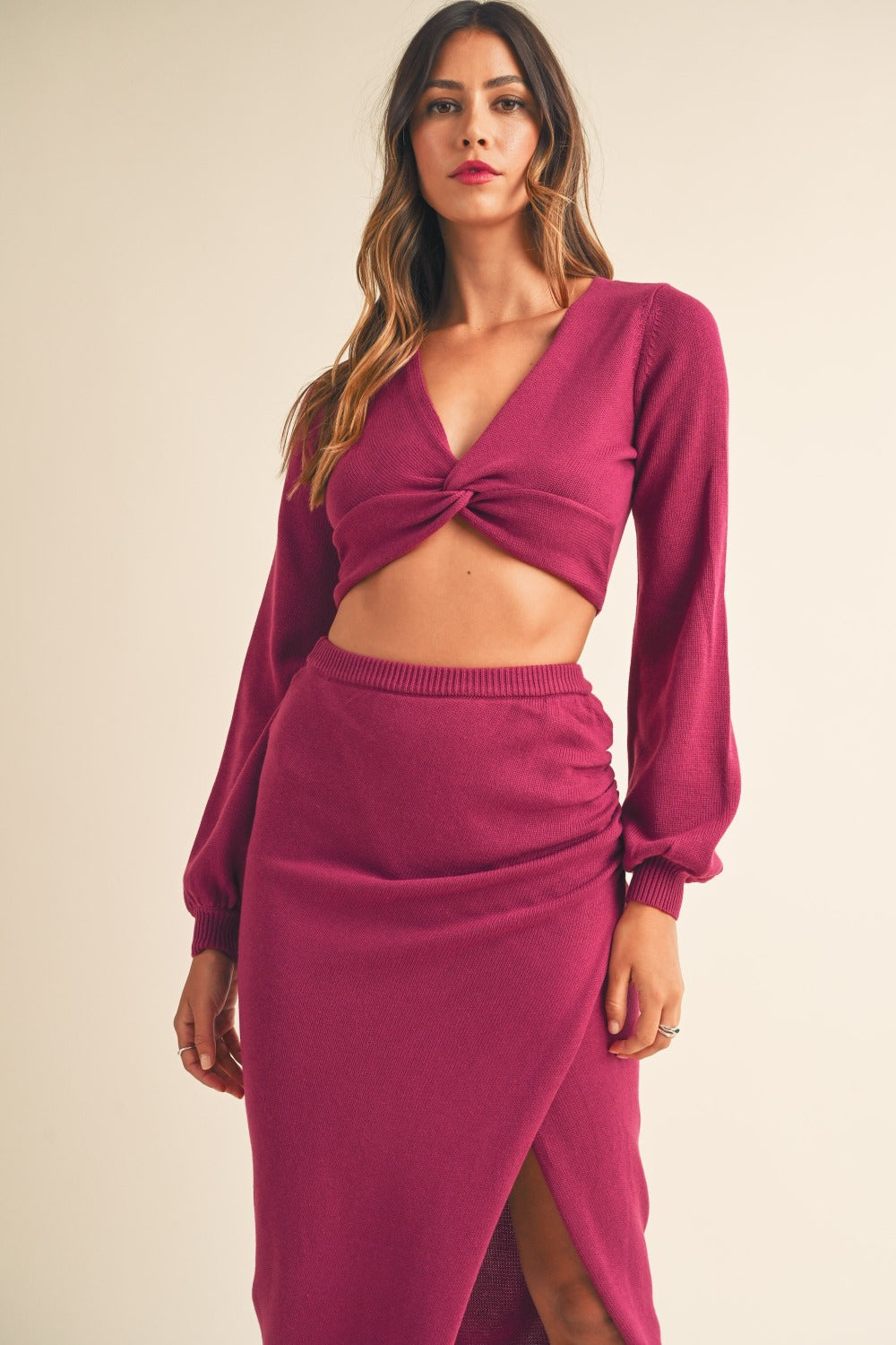 MABLE Front Twisted Knit Top and Midi Skirt Set - Luxe4Everyday Magenta / S Two-piece sets