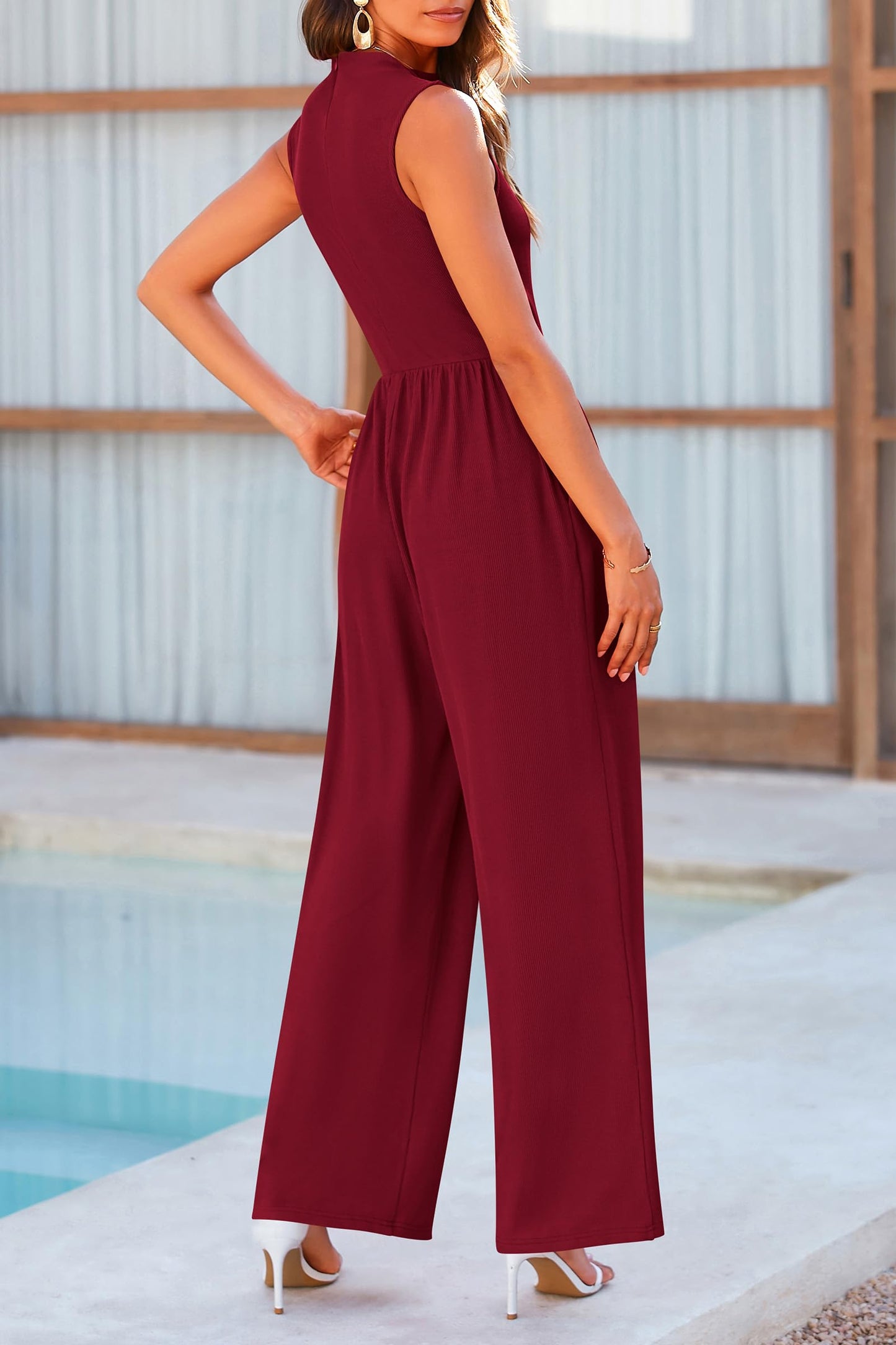 Mock Neck Sleeveless Wide Leg Jumpsuit - Luxe4Everyday Burgundy / M Jumpsuit