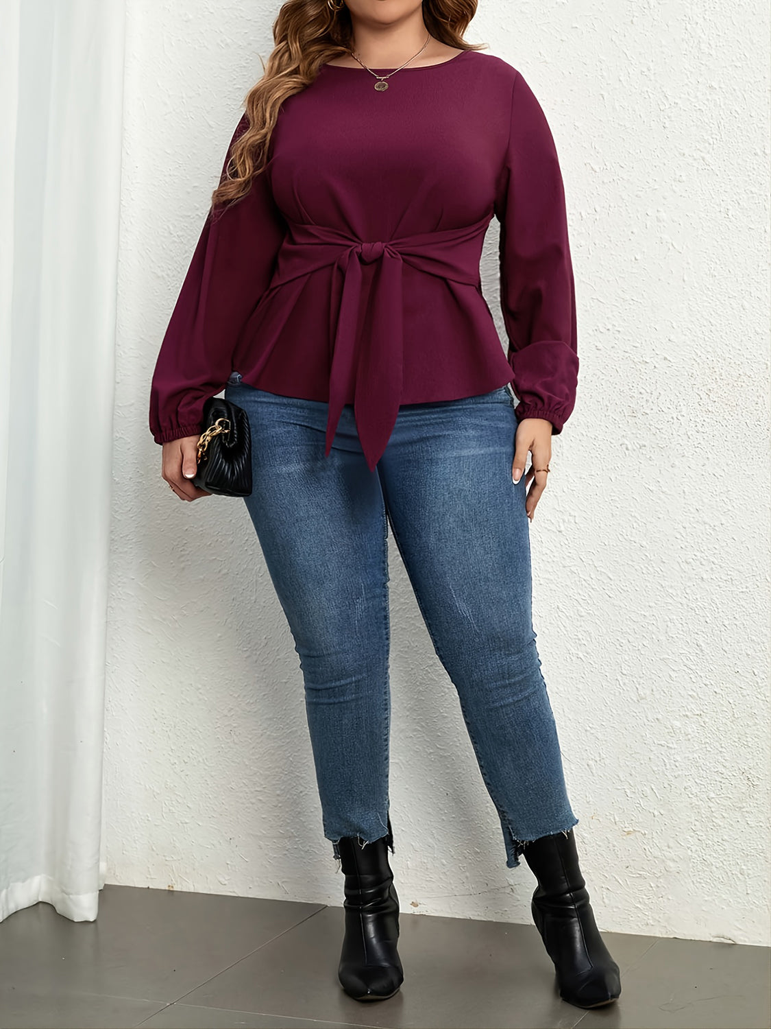 Plus Size Tie Front Long Sleeve Blouse - Luxe4Everyday Plum / 1XL Shirts