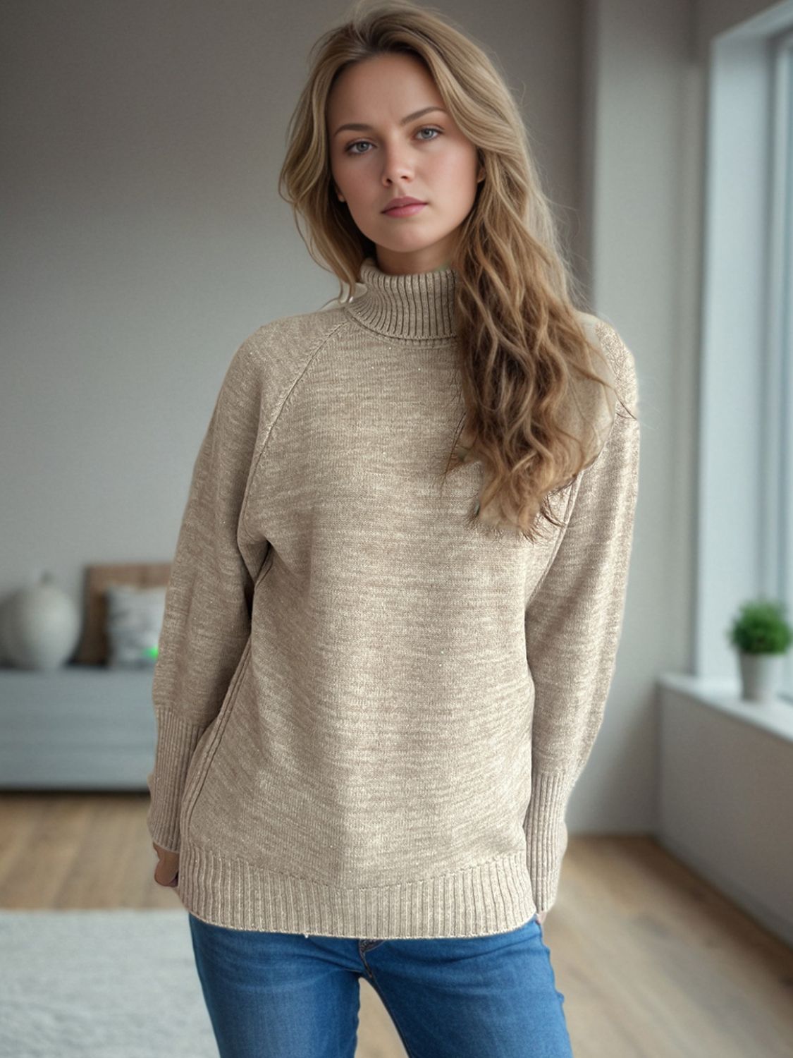 Turtleneck Raglan Sleeve Sweater - Luxe4Everyday Khaki / One Size Sweater