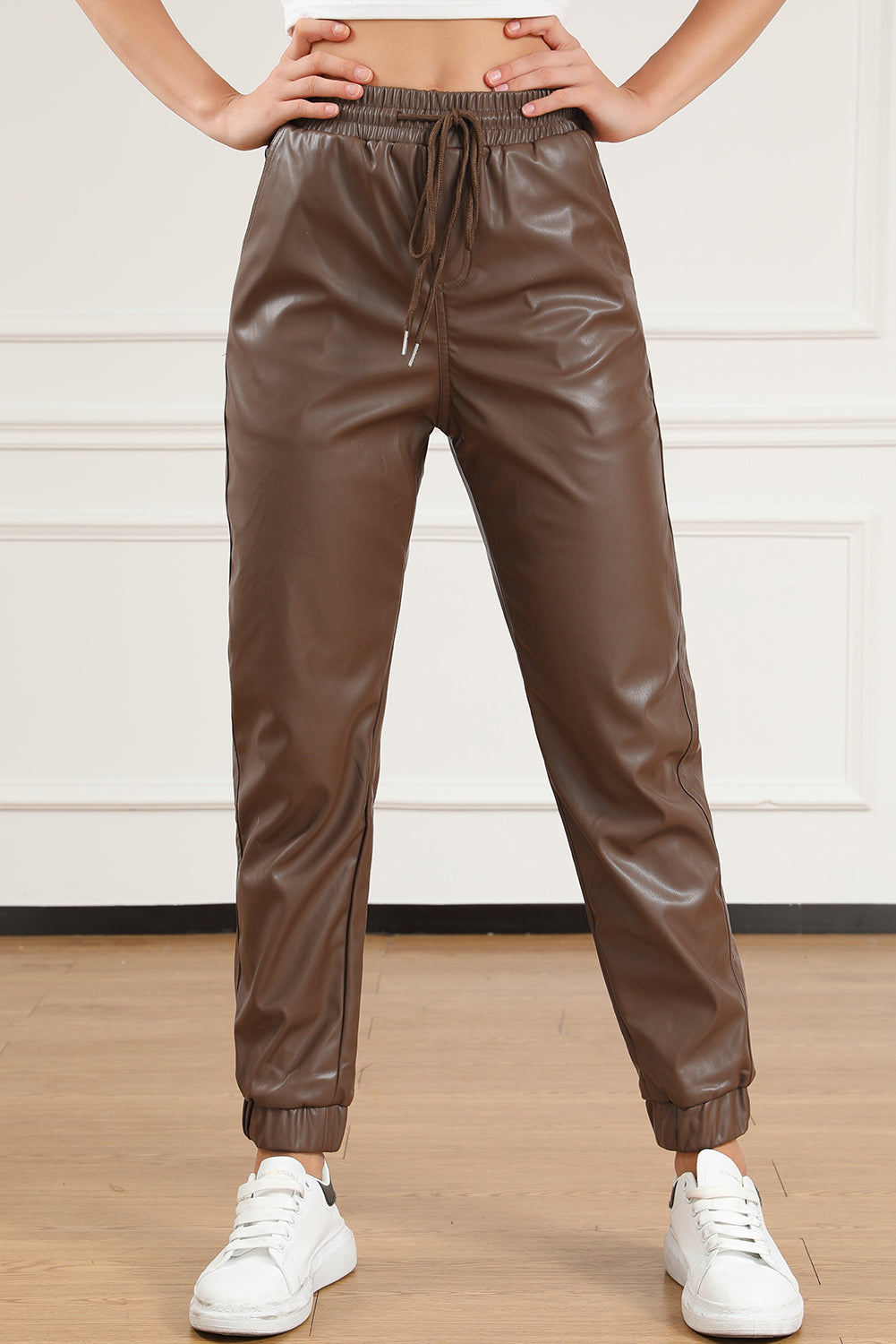 Drawstring PU Leather Pants - Luxe4Everyday Coffee Brown / S Pants