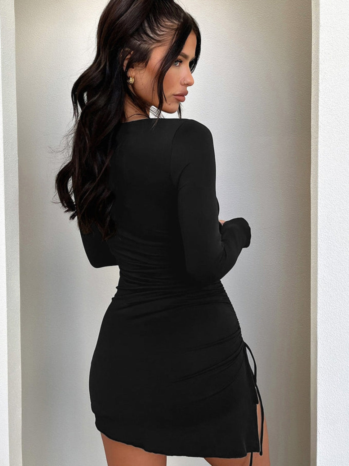 Side Drawstring Round Neck Long Sleeve Dress - Luxe4Everyday Black / XS Dress