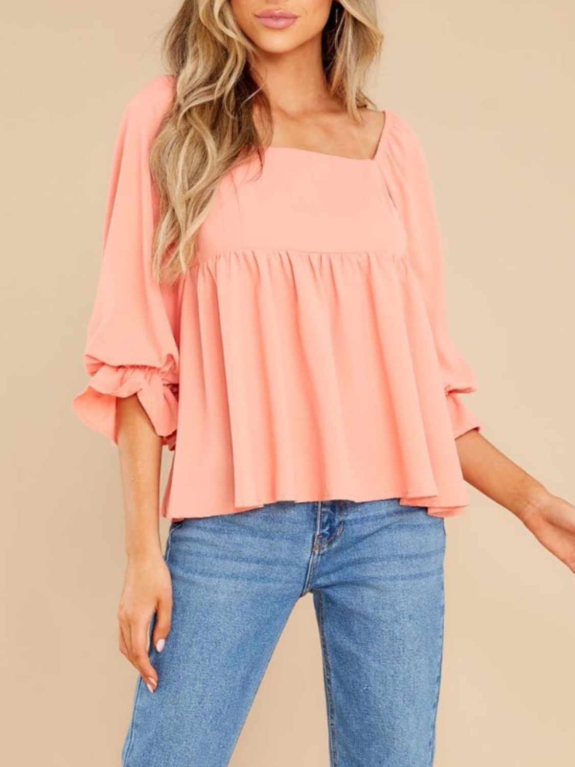 Smocked Square Neck Flounce Sleeve Blouse - Luxe4Everyday Watermelon pink / S Shirt