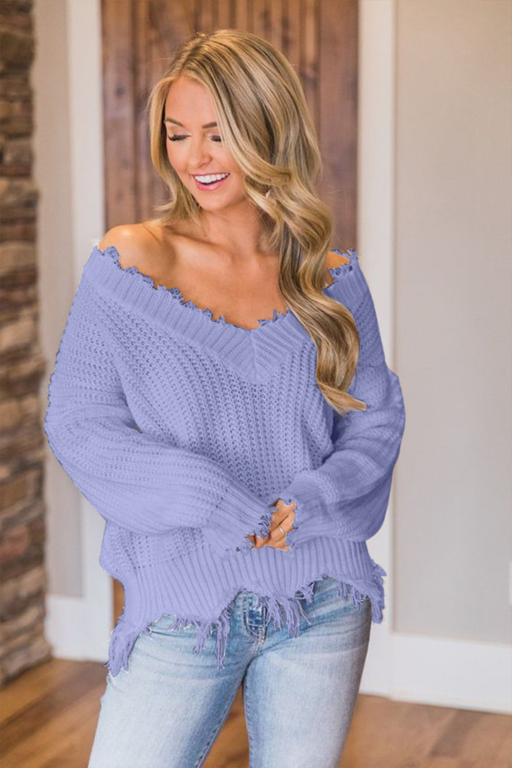 Frayed Hem Dropped Shoulder Sweater - Luxe4Everyday Sweater