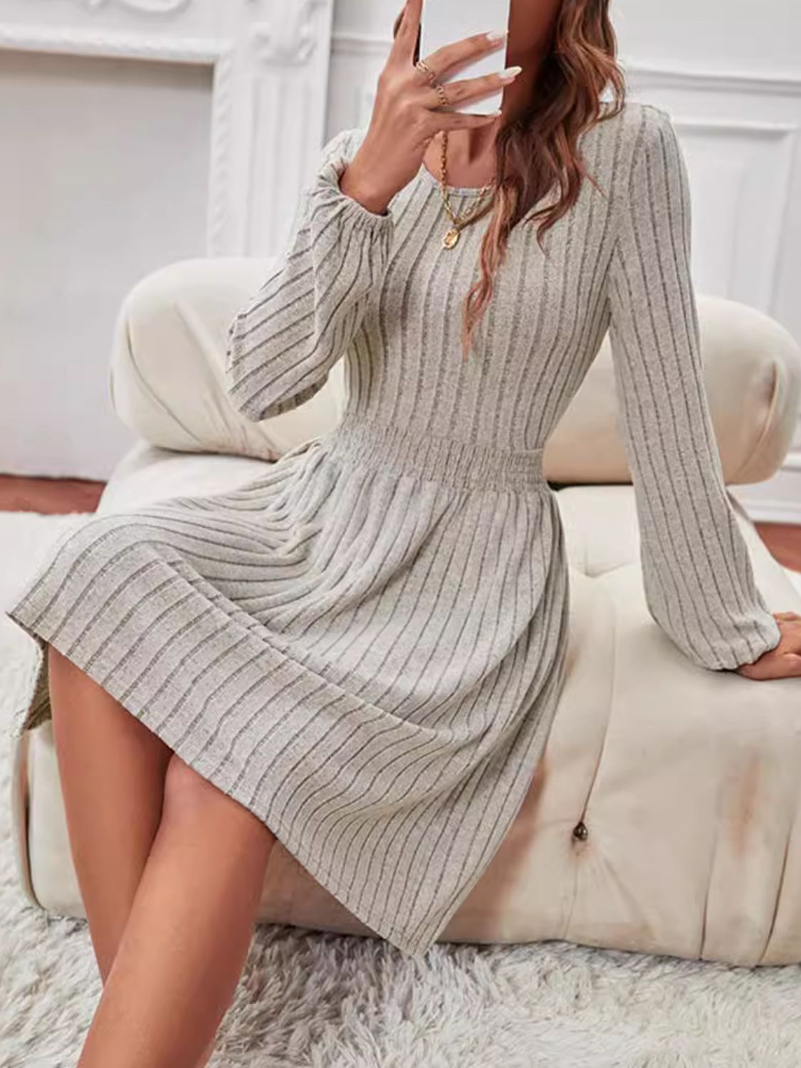 Smocked Round Neck Long Sleeve Knee Length Dress - Luxe4Everyday Dust Storm / S dress