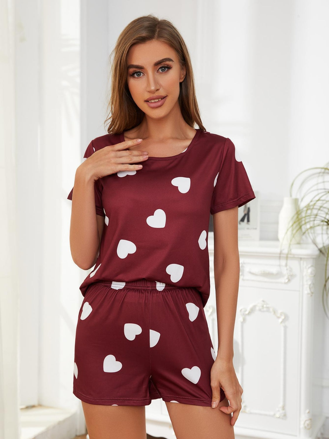 Heart Round Neck Top and Shorts Lounge Set - Luxe4Everyday Burgundy / S Lounge wear