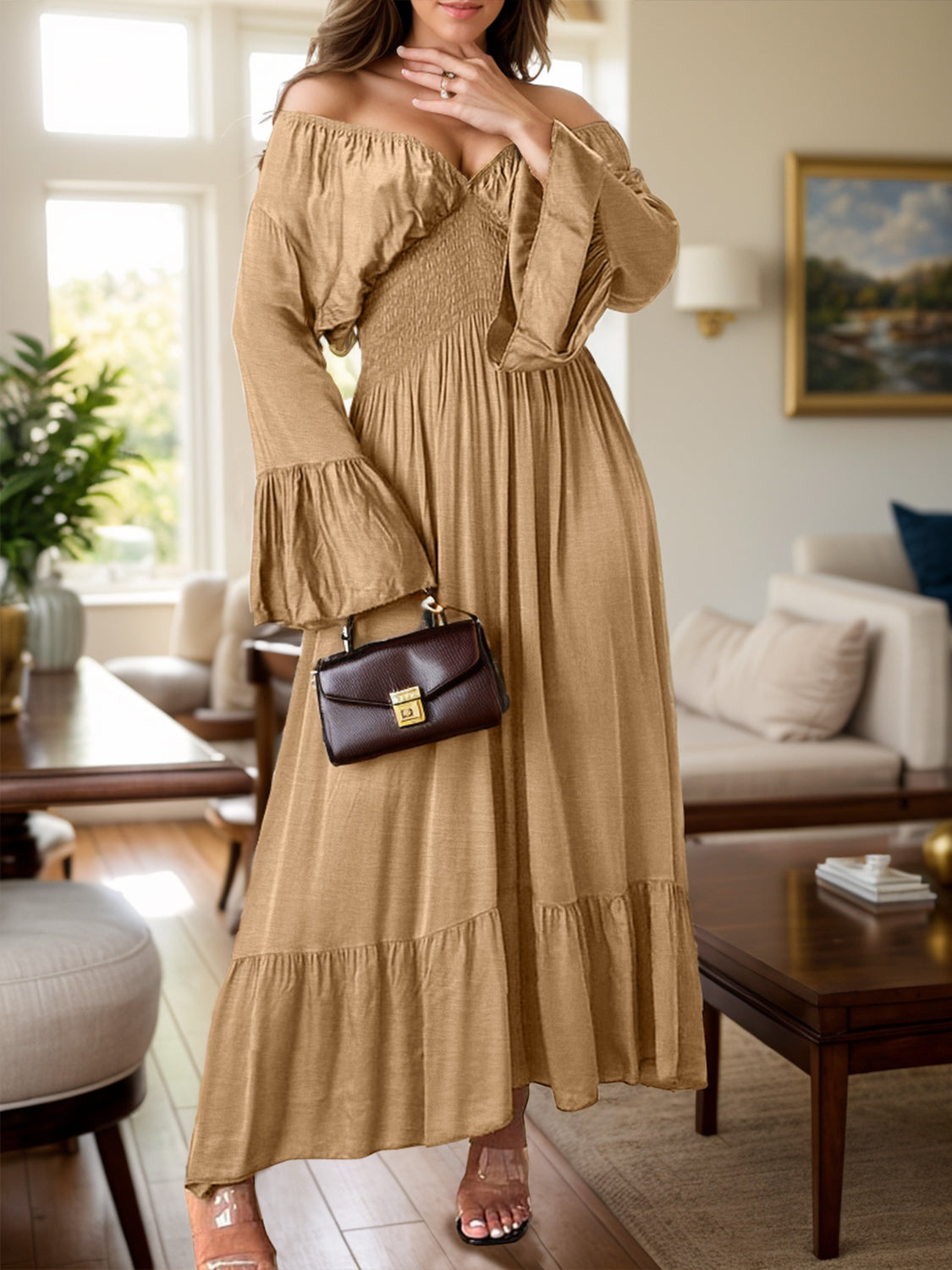 Smocked Flounce Sleeve Maxi Dress - Luxe4Everyday Camel / S Dress