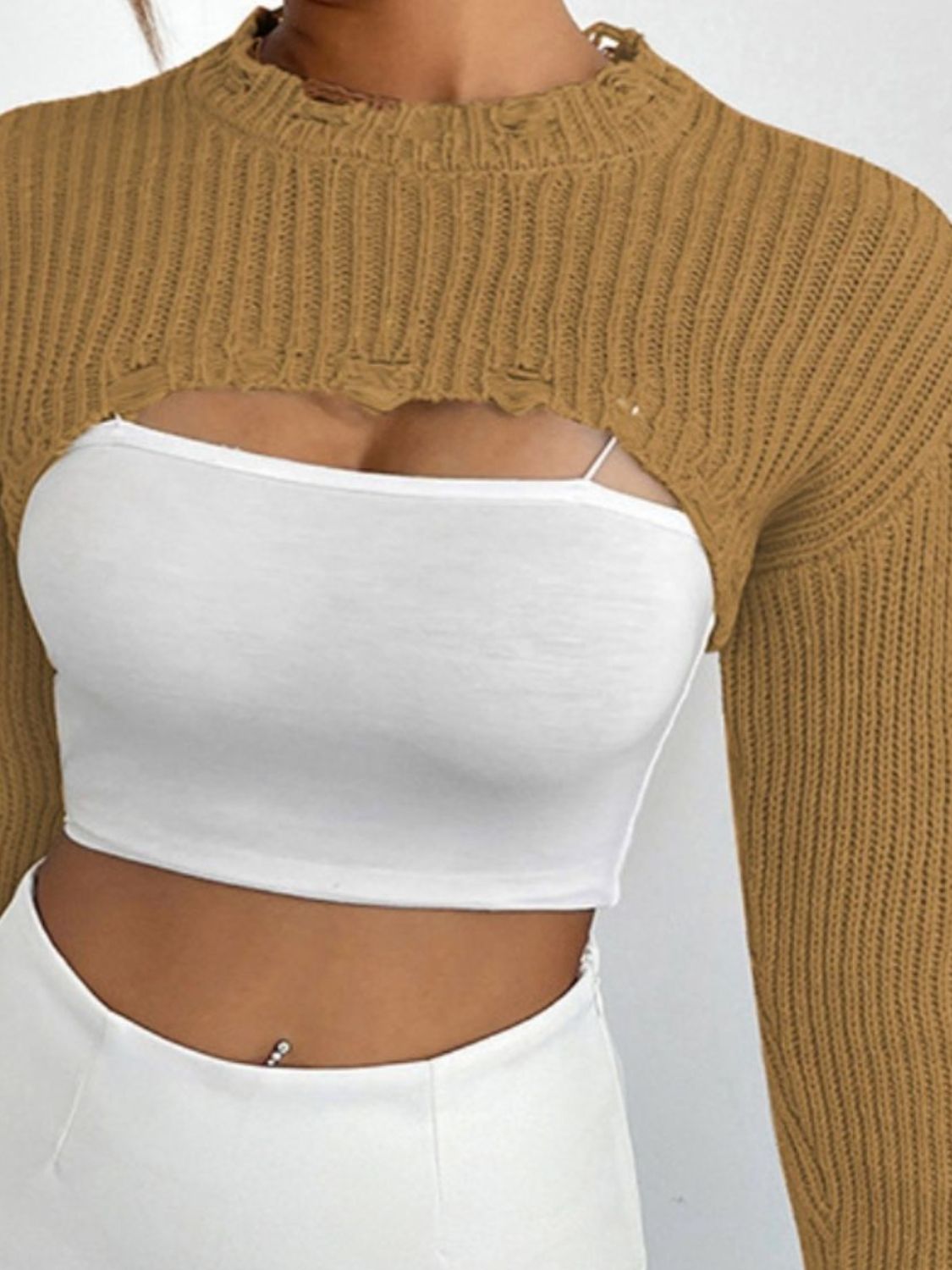 Distressed Long Sleeve Cropped Sweater - Luxe4Everyday Heather Gray / S Sweater