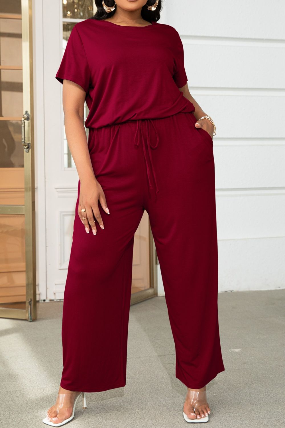 Plus Size Drawstring Waist Short Sleeve Jumpsuit - Luxe4Everyday Forest / 0XL Jumpsuit