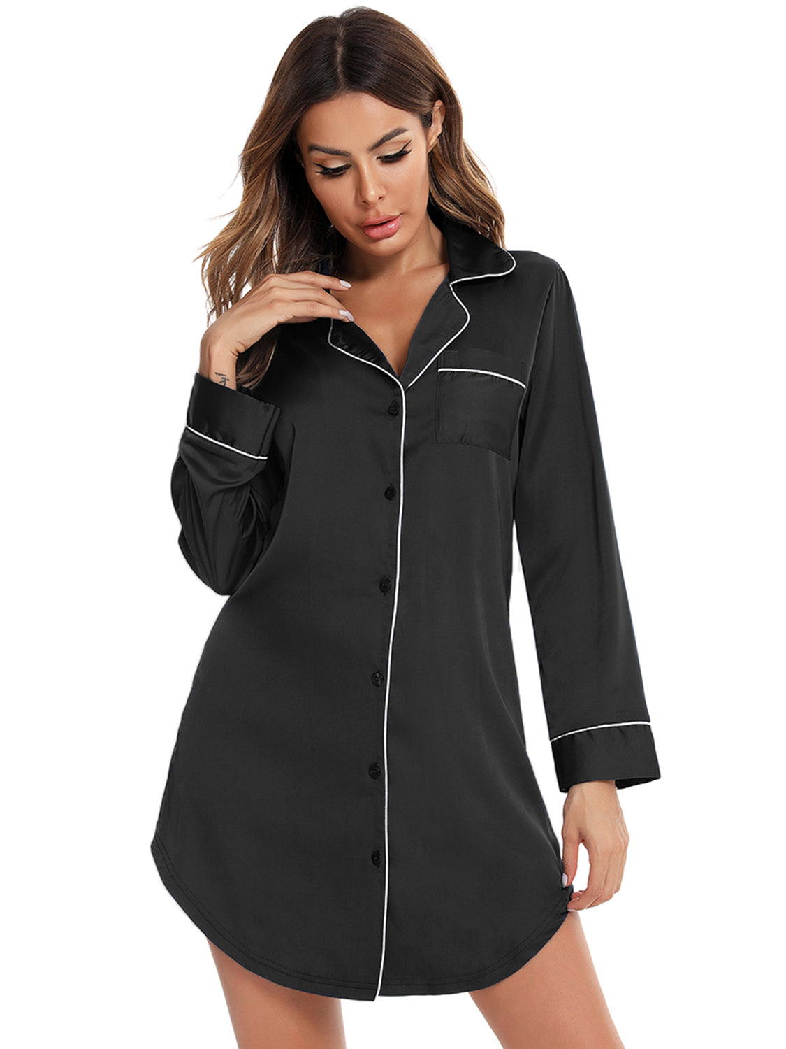 Button Up Lapel Collar Night Dress with Pocket - Luxe4Everyday Black / S Lounge wear