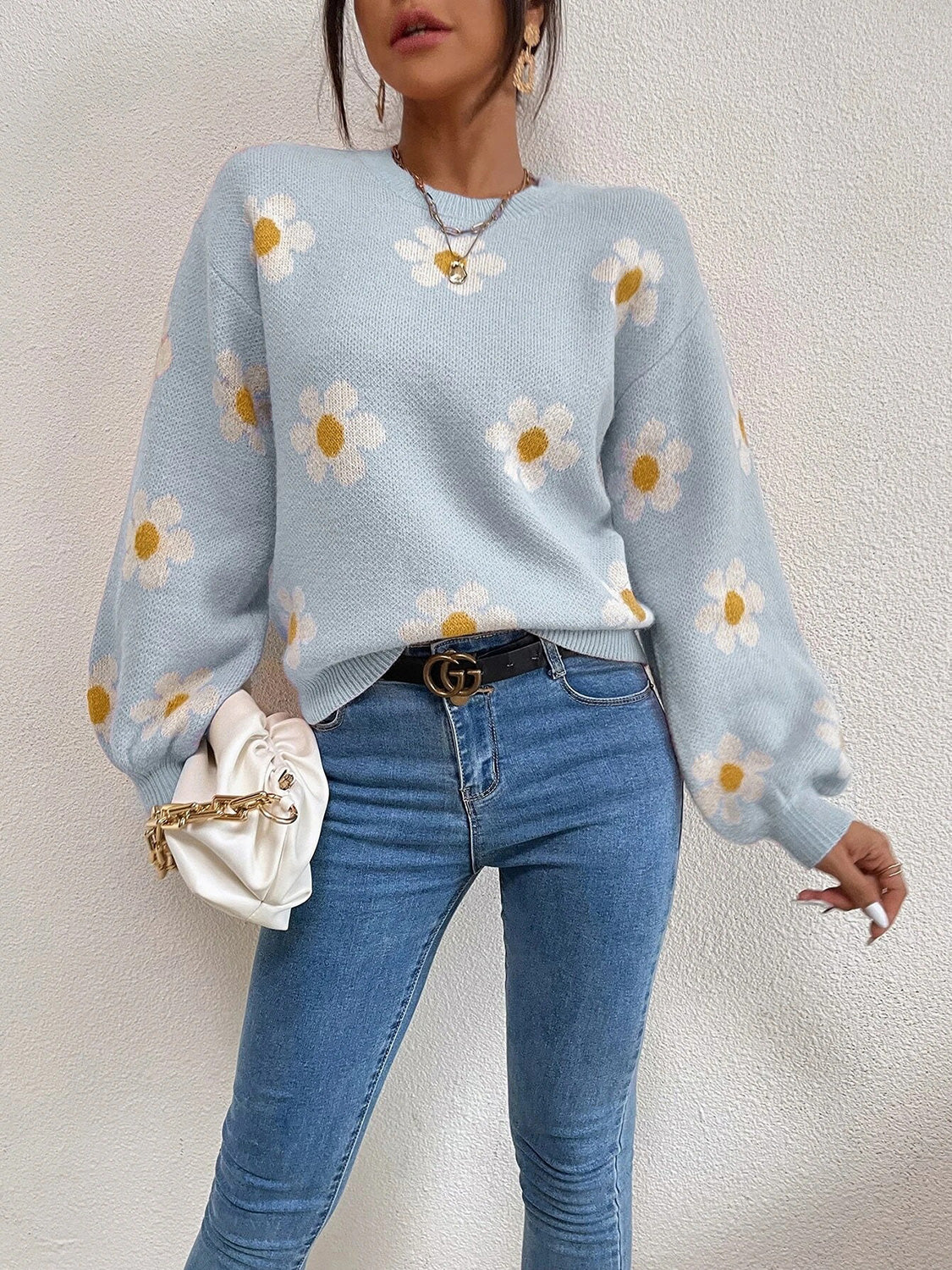 Flower Round Neck Latern Sleeve Sweater - Luxe4Everyday Sweater