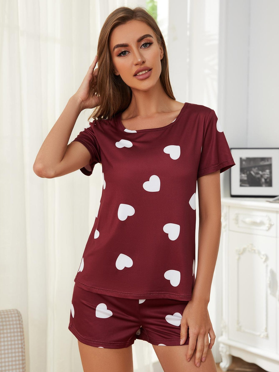 Heart Round Neck Top and Shorts Lounge Set - Luxe4Everyday Burgundy / S Lounge wear