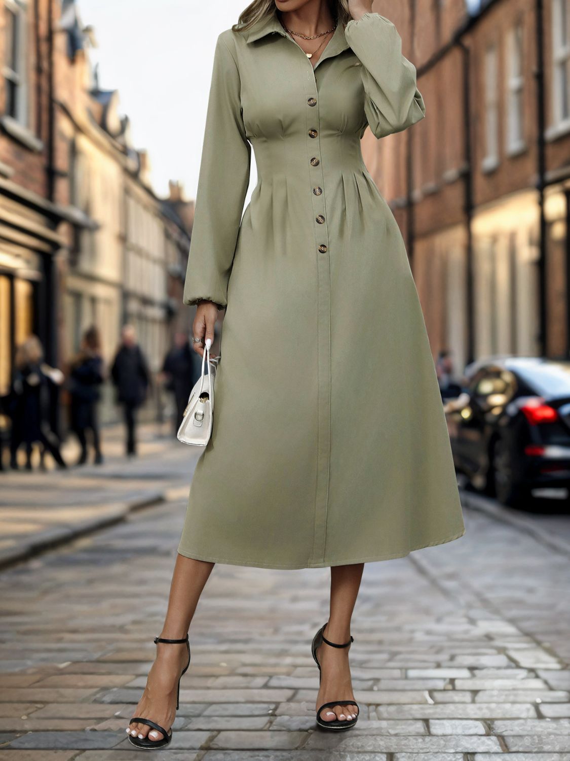 Perfee Smocked Half Button Long Sleeve Dress - Luxe4Everyday Sage / S