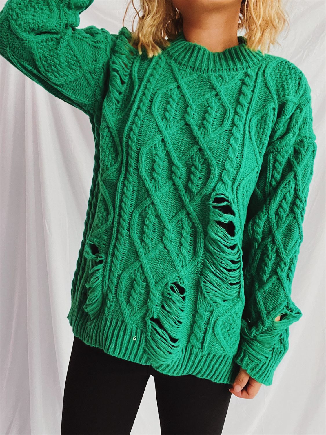 Distressed Cable-Knit Round Neck Long Sleeve Sweater - Luxe4Everyday Sweater