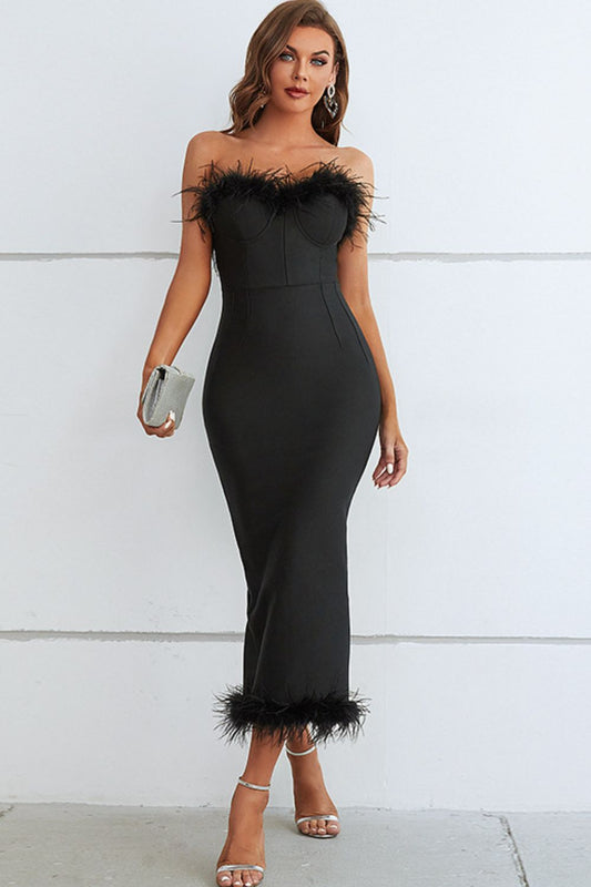 Feather Trim Strapless Sweetheart Neck Dress - Luxe4Everyday Black / S Dress