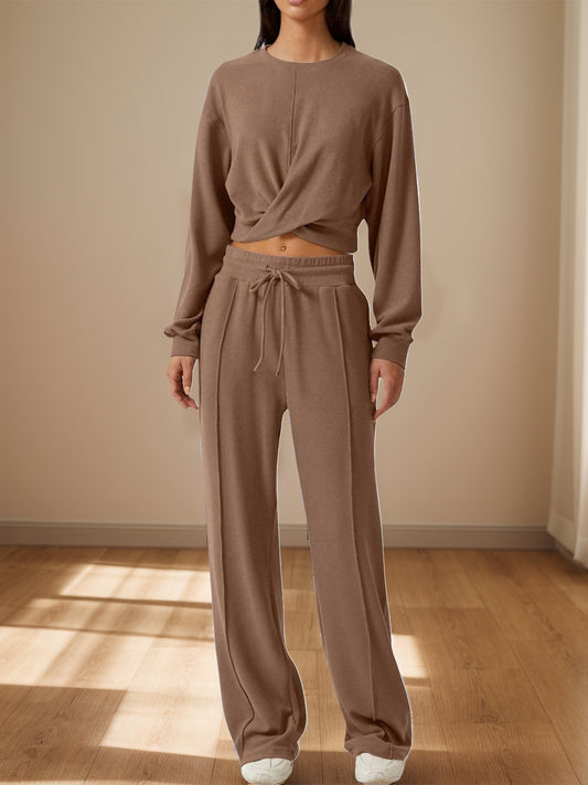 Crisscross Round Neck Top and Drawstring Pants Set - Luxe4Everyday Brown / S two-piece set