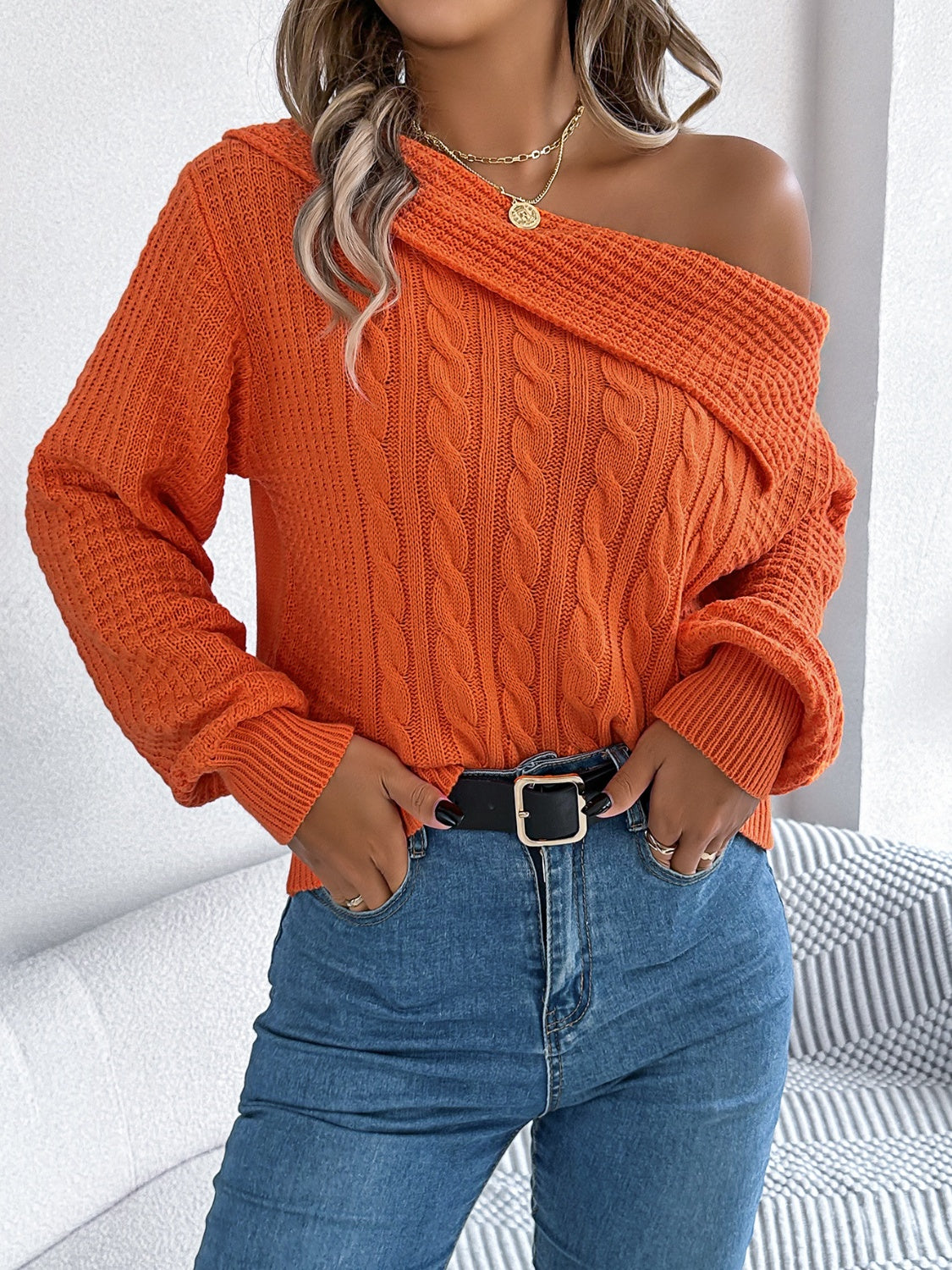 Cable-Knit One Shoulder Long Sleeve Sweater - Luxe4Everyday Sweater