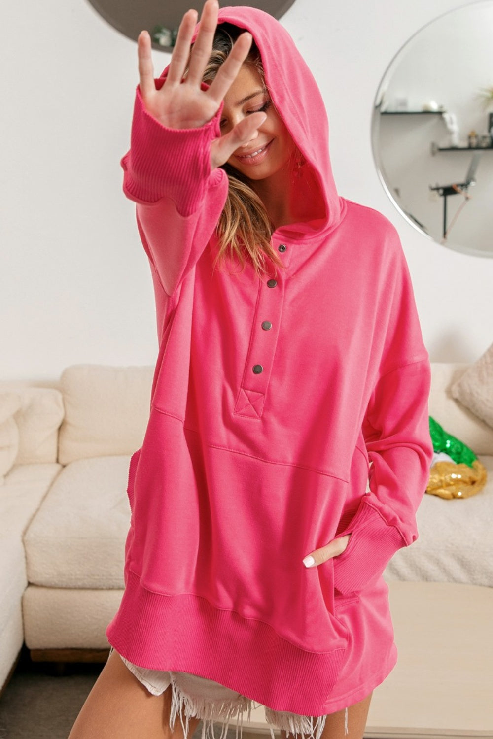 BiBi Half Snap Thumbhole Long Sleeve Hoodie - Luxe4Everyday FUCHSIA / S Hoodie