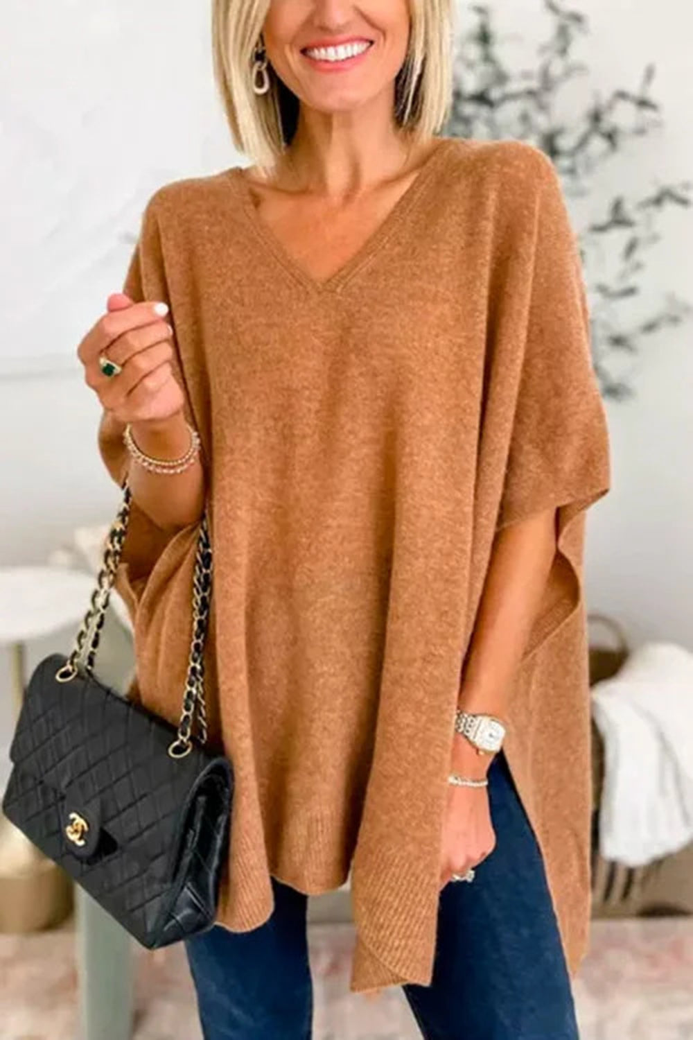 Slit V-Neck Half Sleeve Knit Top - Luxe4Everyday Caramel / S Sweater