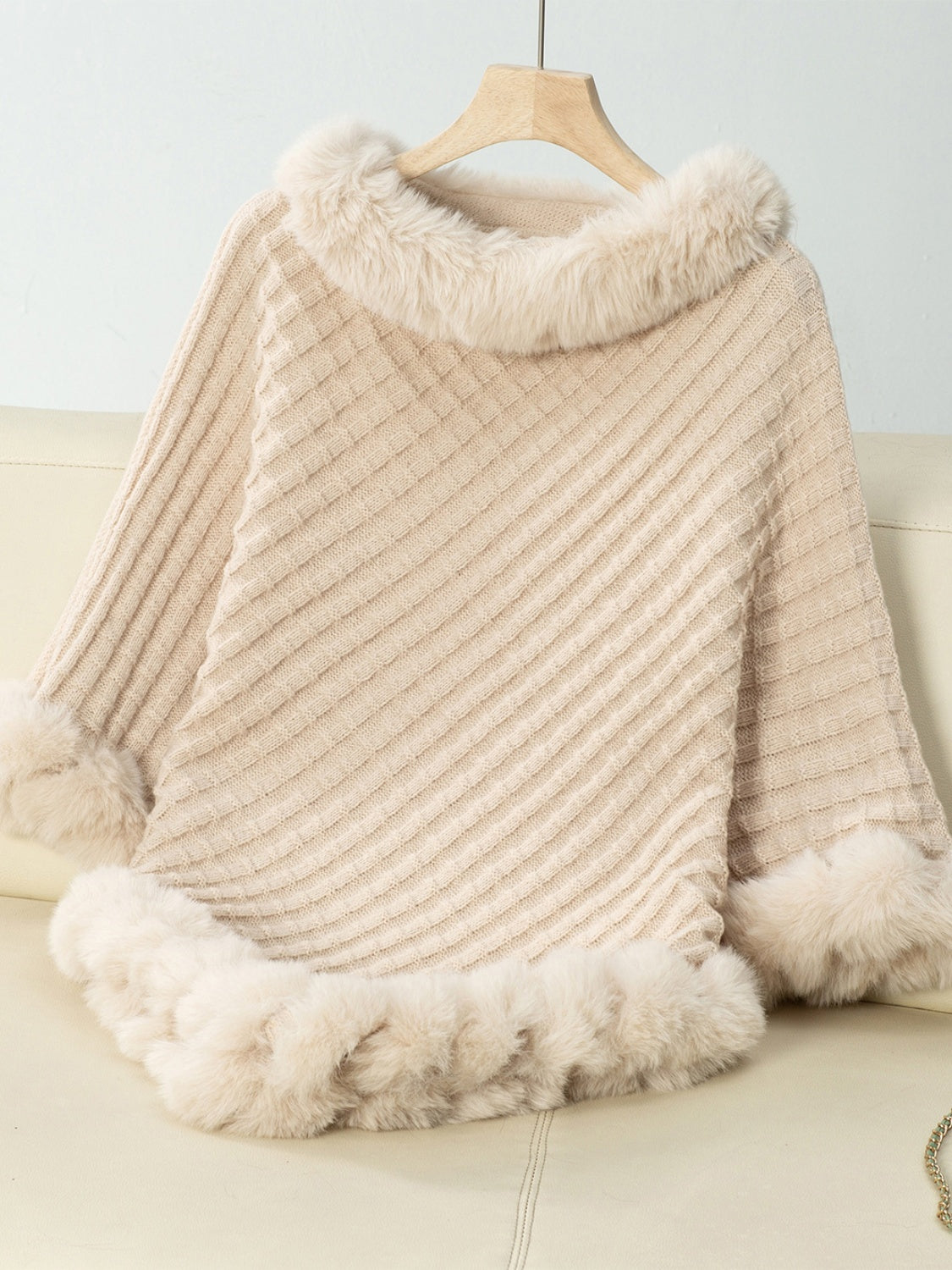 Fuzzy Trim Texture Three-Quarter Sleeve Poncho - Luxe4Everyday Beige / One Size Jacket