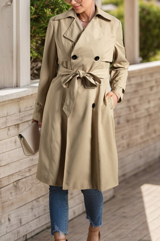 Collared Neck Tie Waist Buttoned Long Sleeve Trench Coat - Luxe4Everyday Dust Storm / S Coat