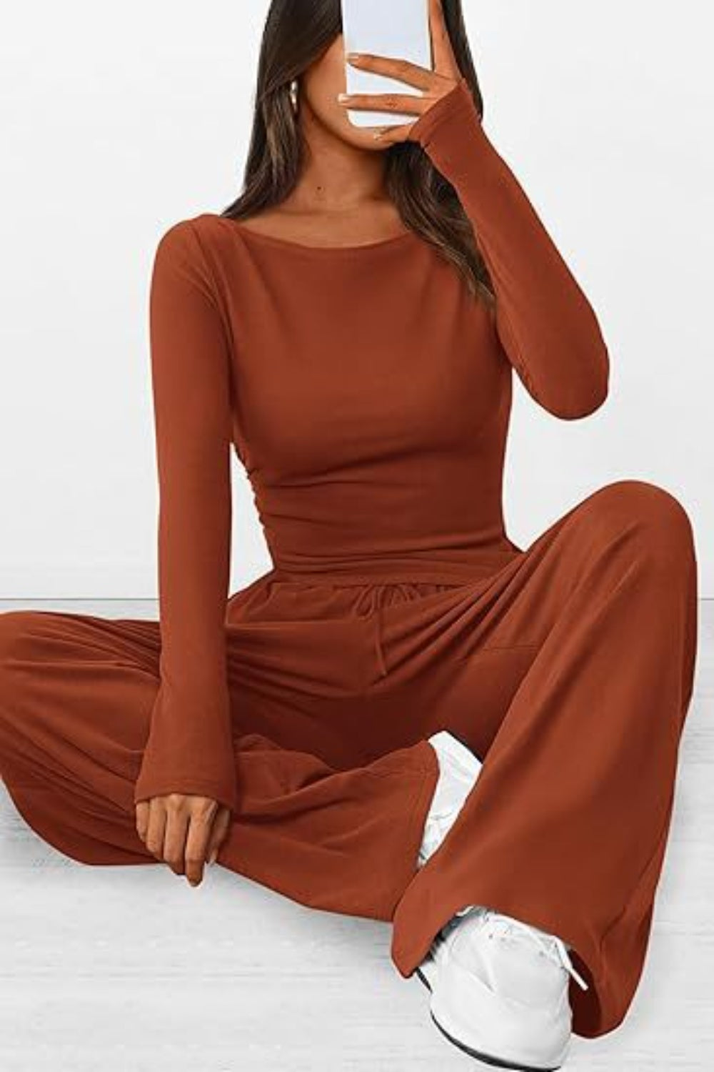 Round Neck Long Sleeve Top and Pants Set - Luxe4Everyday Brown / XS two-piece set