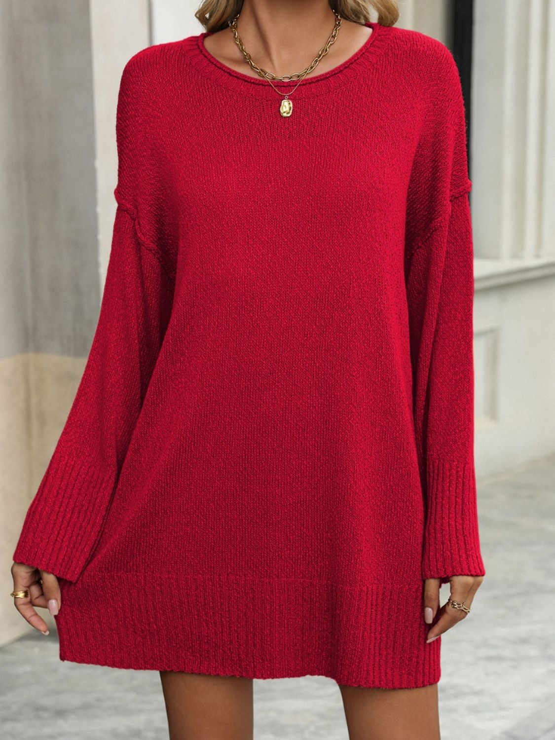 Round Neck Dropped Shoulder Sweater - Luxe4Everyday Sweater