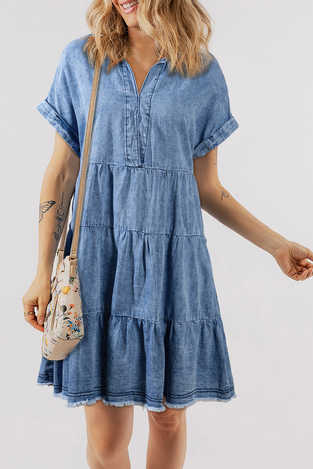 Raw Hem Collared Neck Short Sleeve Denim Dress - Luxe4Everyday Medium / S Dress