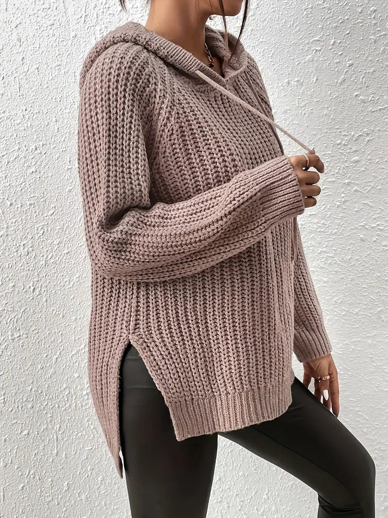 High-Low Side Slit Drawstring Long Sleeve Hooded Sweater - Luxe4Everyday Mocha / One Size Sweater