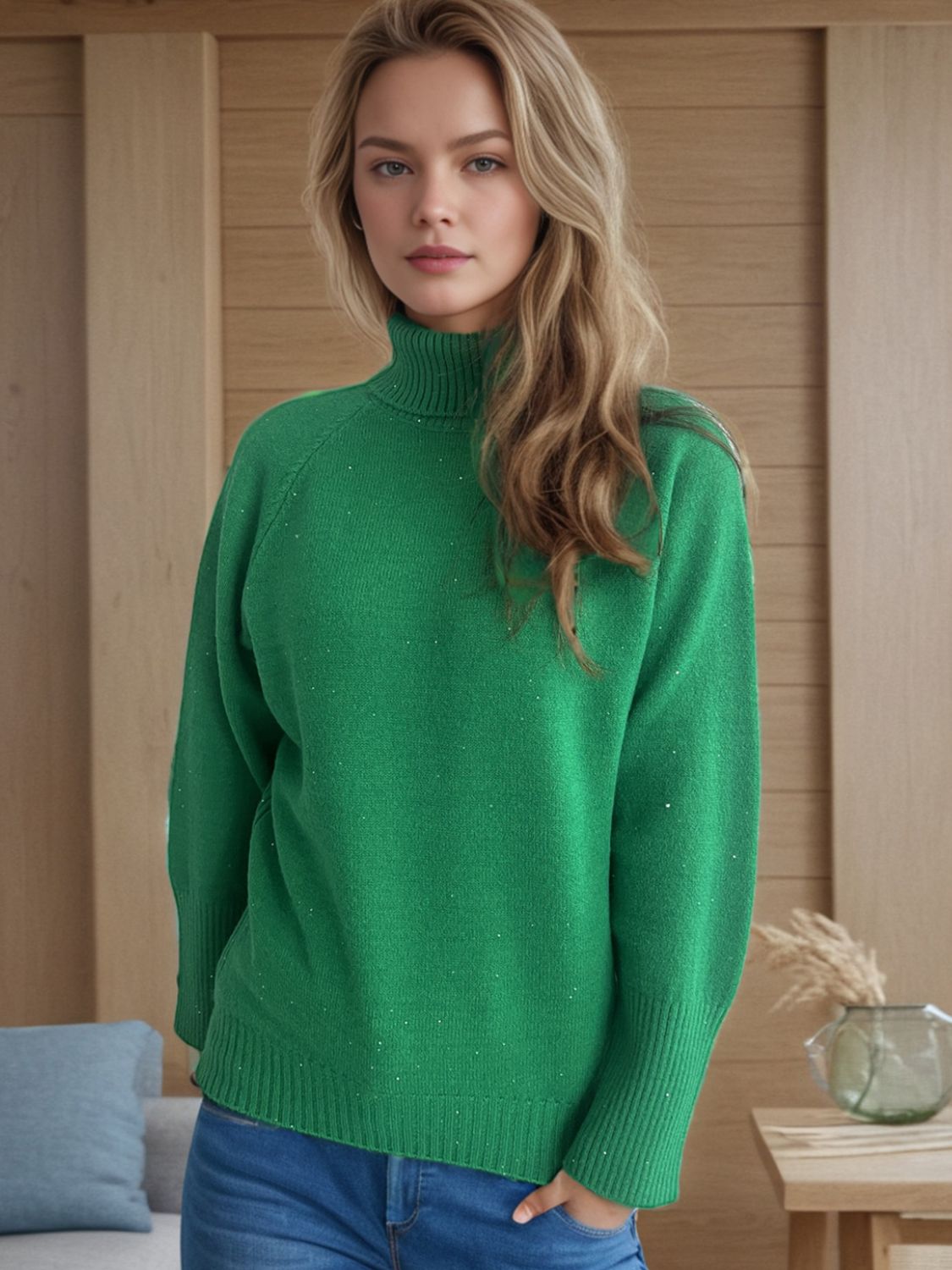 Turtleneck Raglan Sleeve Sweater - Luxe4Everyday Dark Green / One Size Sweater