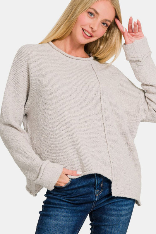 Zenana Asymmetric Hem Drop Shoulder Sweater - Luxe4Everyday Bone / S Sweater