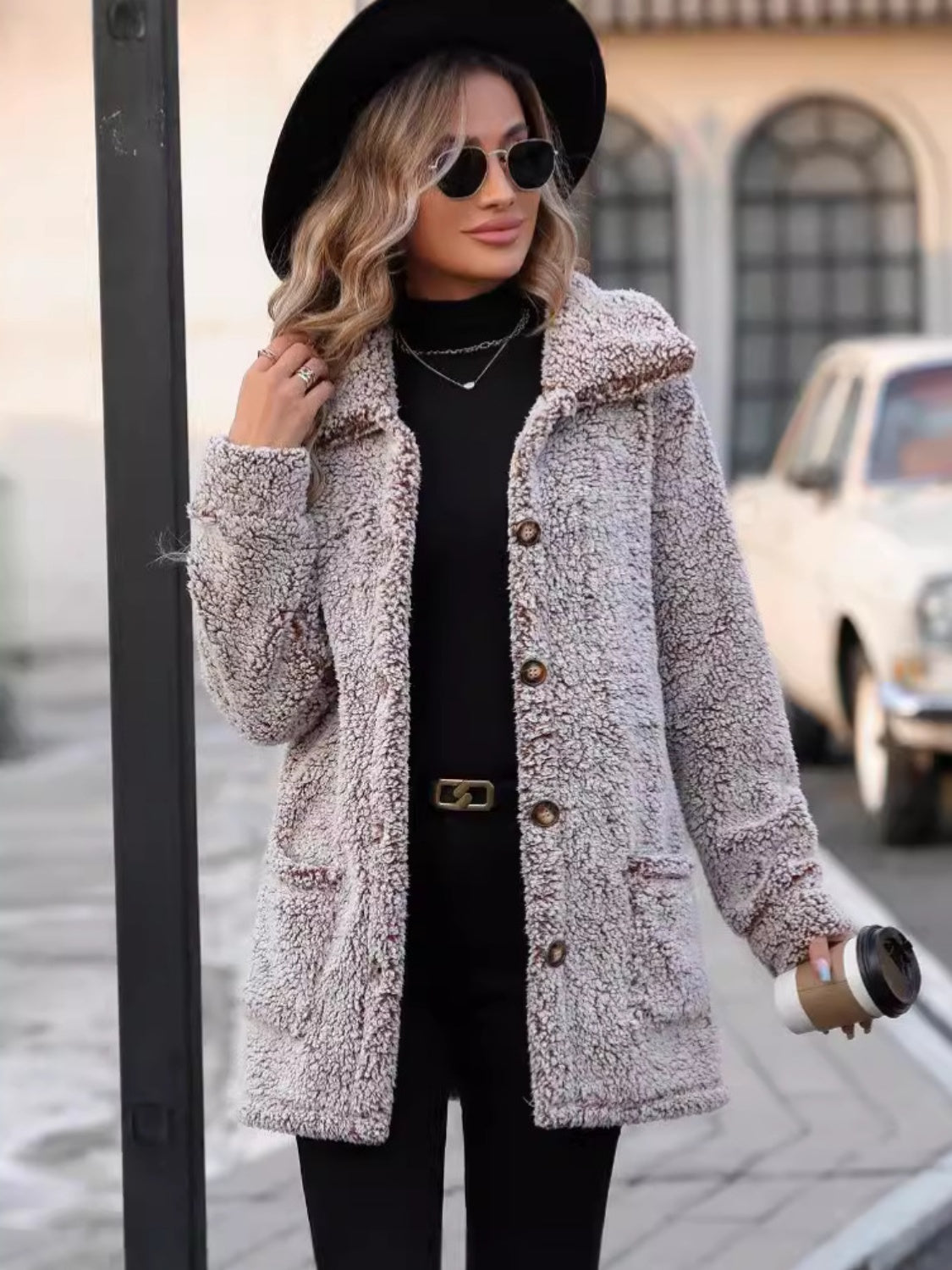 Pocketed Collared Neck Long Sleeve Plush Jacket - Luxe4Everyday Coat