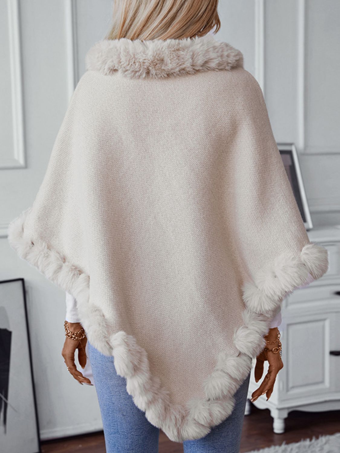 Fuzzy Trim Texture Three-Quarter Sleeve Poncho - Luxe4Everyday Beige / One Size Jacket