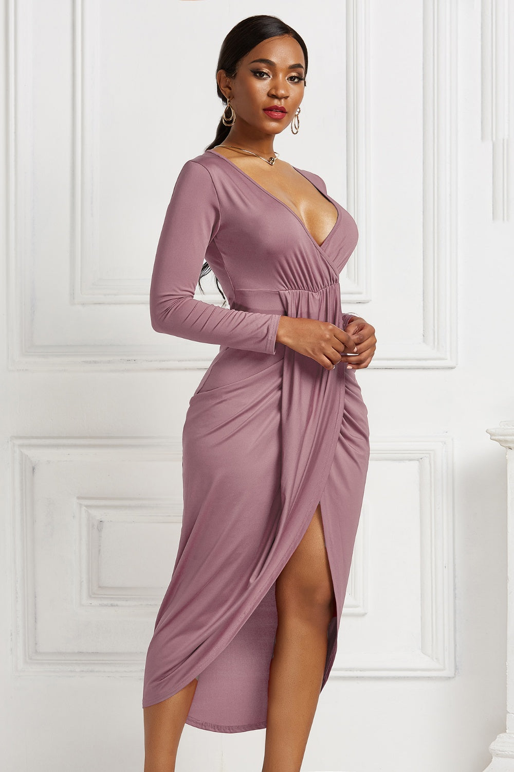 High-low Ruched Surplice Long Sleeve Dress - Luxe4Everyday Strawberry / S Dress