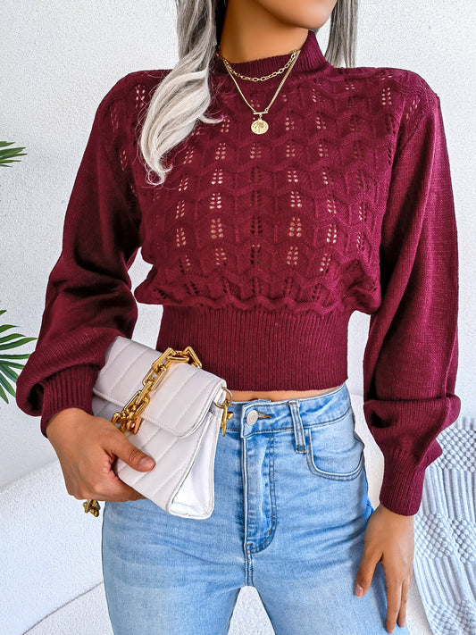 Openwork Mock Neck Long Sleeve Cropped Sweater - Luxe4Everyday Burgundy / S Sweater