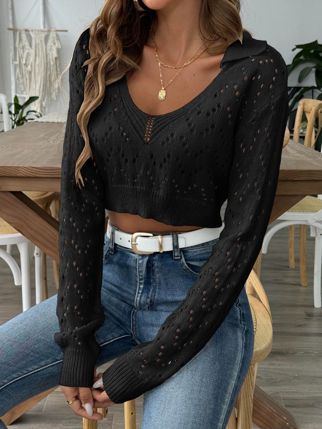 Openwork Collared Neck Long Sleeve Knit Top - Luxe4Everyday Sweater