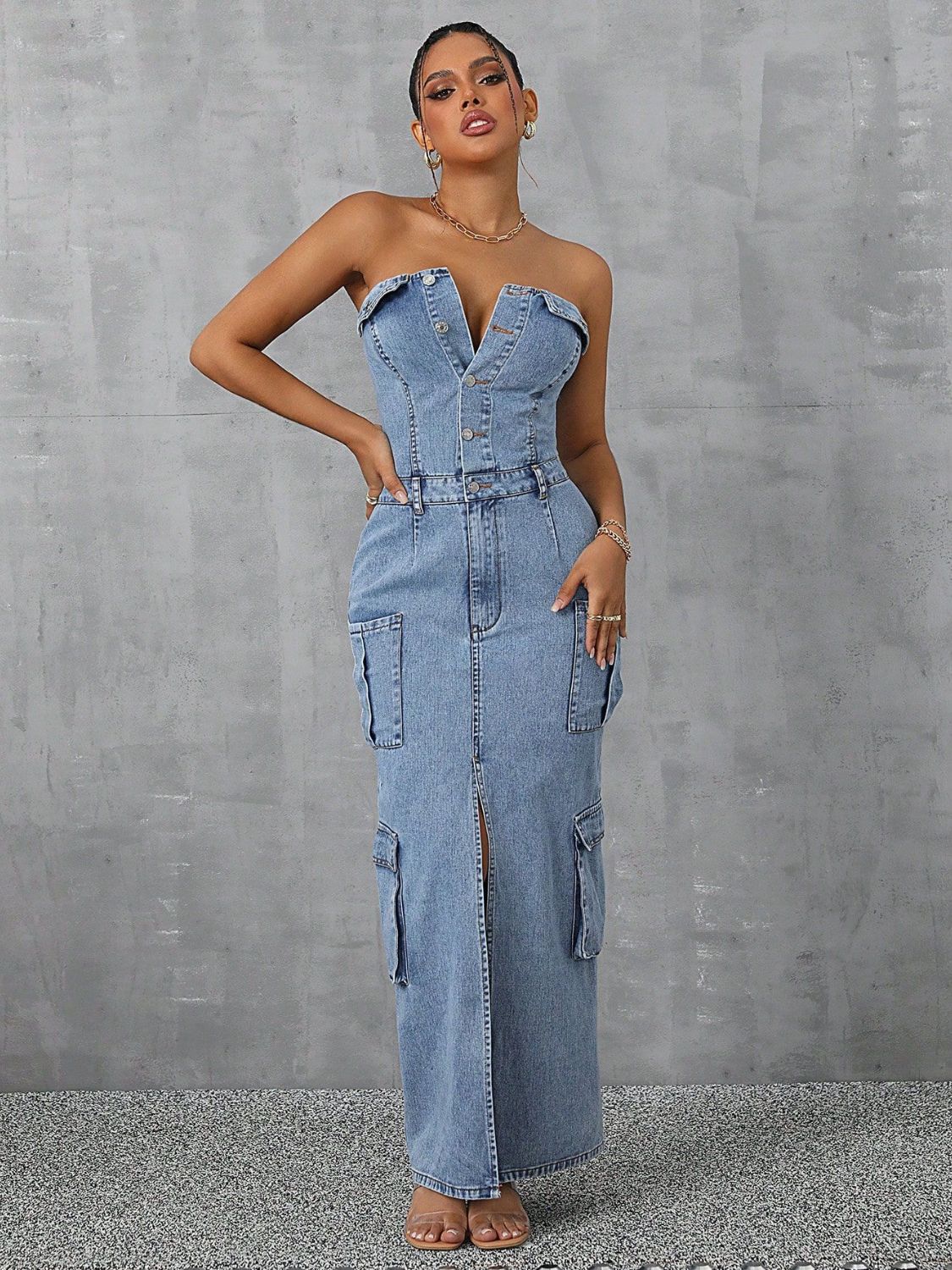 Slit Half Button Tube Denim Dress - Luxe4Everyday Light / S Dress