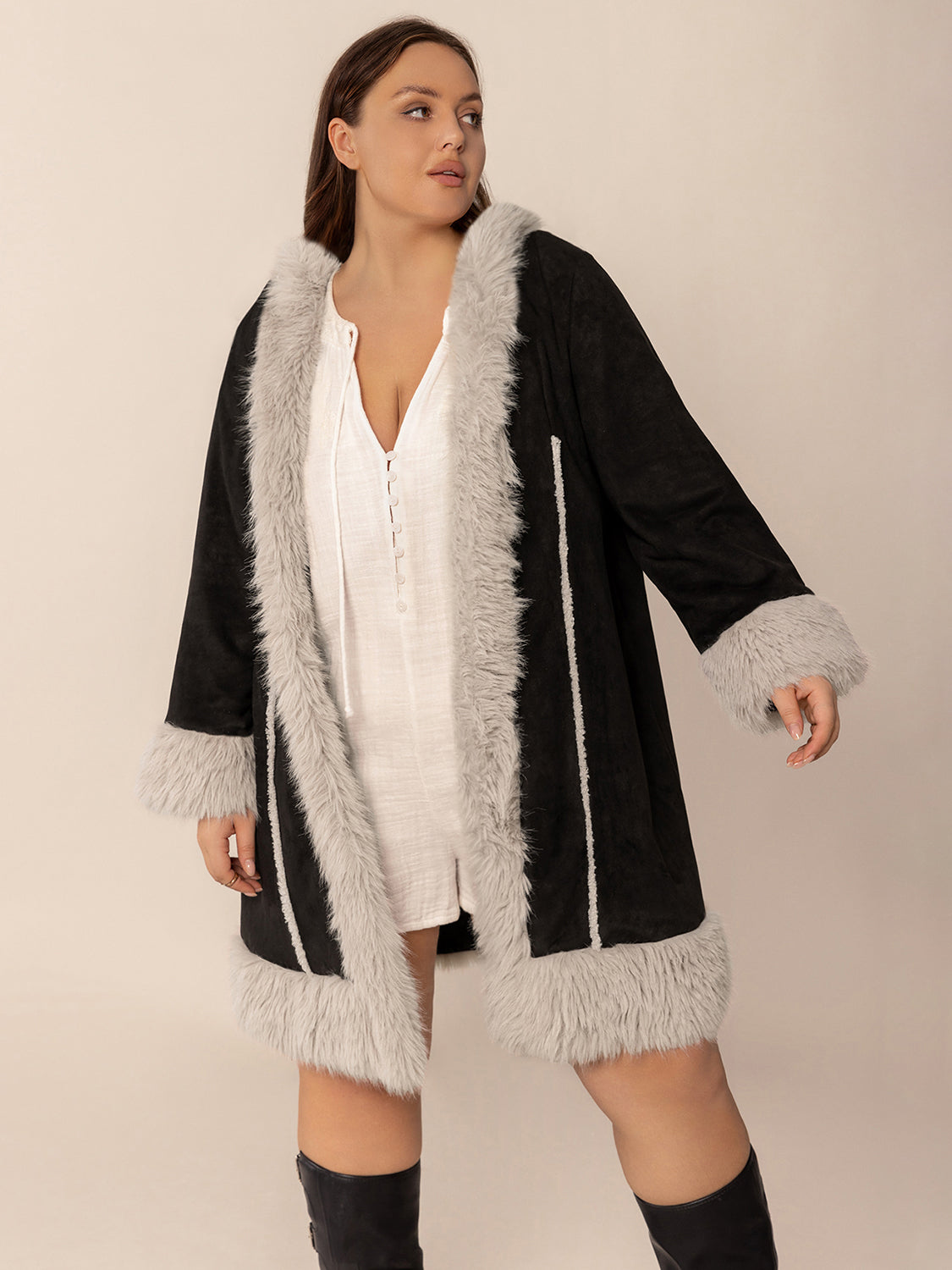 Plus Size Fuzzy Trim Open Front Long Sleeve Hooded Coat - Luxe4Everyday Black / 0XL Coat