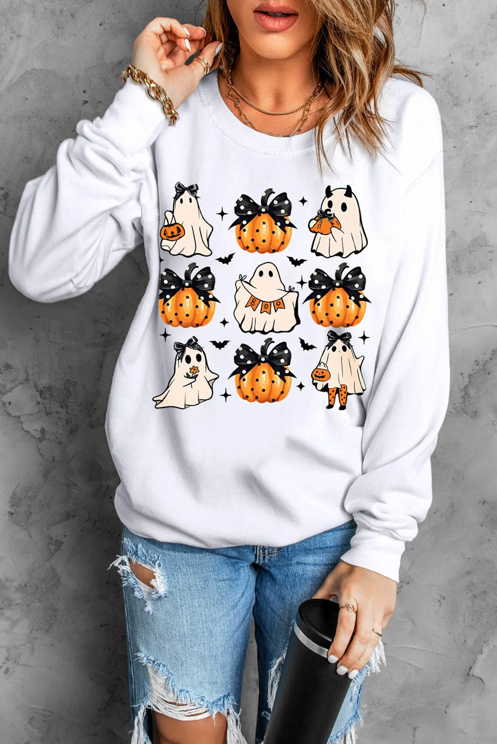 Pumpkin & Ghost Round Neck Long Sleeve Sweatshirt - Luxe4Everyday Sweatshirt