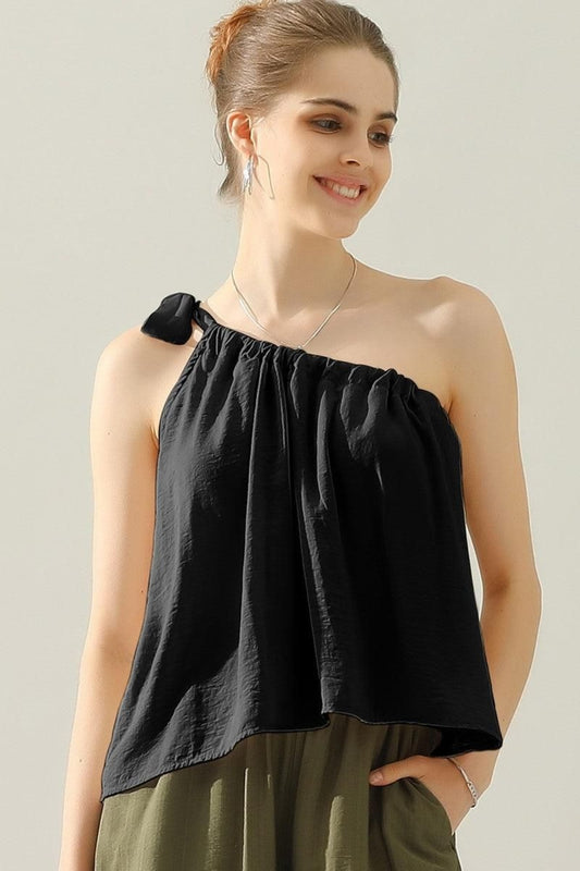 Ninexis One Shoulder Bow Tie Strap Satin Silk Top - Luxe4Everyday Black / S Shirt