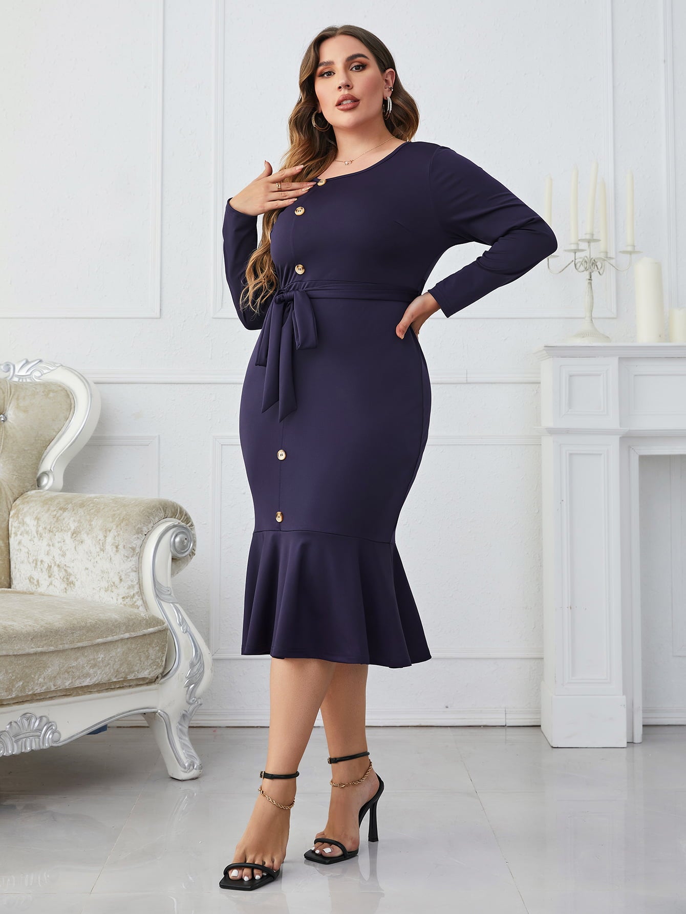 Honey Melo Apparel Plus Size Buttoned Round Neck Tie Belt Midi Dress - Luxe4Everyday Blueberry / 1XL Dress