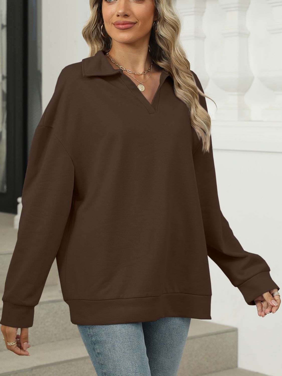 Johnny Collar Long Sleeve Sweatshirt - Luxe4Everyday Sweater